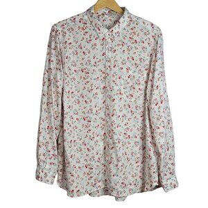 BeachLunchLounge Floral Top White Red Size XL Button Front Roll Tab Long Sleeve